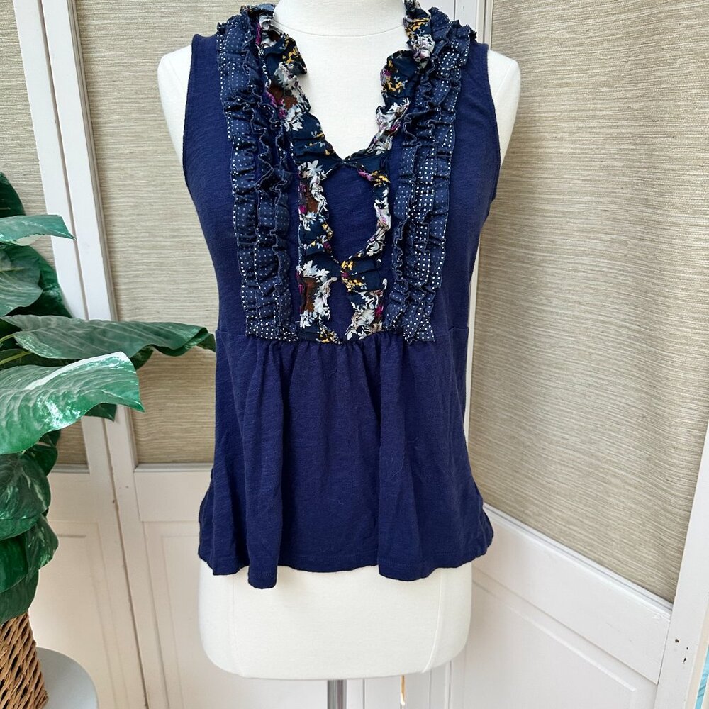 Anthropologie Deletta Ruffle Tank Top Floral Polka Dot Peplum Navy Medium - Picture 4 of 8